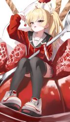  1girl ahoge blonde_hair blue_archive blush cream cream_on_face food food_on_face fruit full_body hair_ribbon halo highres holding_cherry jacket kumakono long_hair long_sleeves looking_at_viewer open_mouth pleated_skirt red_jacket ribbon sitting sitting_on_food skirt solo strawberry tongue tongue_out twintails yellow_halo yoshimi_(blue_archive) 