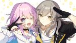  2girls :d black_choker black_gloves black_jacket choker closed_mouth commentary fingerless_gloves gloves grey_hair hair_over_one_eye hand_up highres honkai:_star_rail honkai_(series) jacket long_sleeves looking_at_viewer march_7th_(honkai:_star_rail) medium_hair multicolored_eyes multiple_girls one_eye_closed open_clothes open_jacket open_mouth partially_fingerless_gloves pink_hair shirase_(shirose) shirt sidelocks simple_background smile star_(symbol) stelle_(honkai:_star_rail) trailblazer_(honkai:_star_rail) upper_body v white_shirt yellow_eyes 