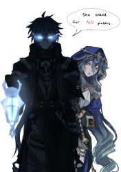  1boy 1girl absurdres blue_eyes blue_hair blue_hood chji_w circlet coat english_text excuse_me_he_asked_for_no_pickles_(meme) flins_(genshin_impact) genshin_impact glowing glowing_eyes hair_between_eyes hiding hiding_behind_another highres holding holding_lantern hood lantern layla_(genshin_impact) long_hair looking_at_viewer meme parted_lips simple_background speech_bubble very_long_hair white_background yellow_eyes 