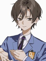  1girl 333takoyaki absurdres blue_jacket brown_eyes brown_hair closed_mouth collared_shirt commentary_request fujioka_haruhi hand_on_own_chest highres jacket long_sleeves looking_at_viewer necktie open_hand ouran_high_school_host_club ouran_high_school_uniform reverse_trap school_uniform shirt short_hair simple_background solo upper_body white_background white_shirt 