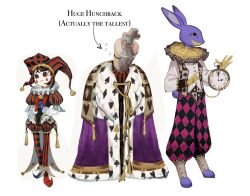  1girl 2boys adapted_costume alternate_costume asymmetrical_footwear asymmetrical_gloves asymmetrical_pantyhose barefoot blue_eyes blue_gloves brown_hair chess_piece closed_eyes club_(shape) colored_sclera colored_skin colored_teeth diamond_(shape) e133773 facial_mark full_body fur-trimmed_robe fur_trim furry furry_male gloves grin hat hat_bell heart highres jax_(the_amazing_digital_circus) jester jester_cap king_(chess) kinger_(the_amazing_digital_circus) light_frown long_sleeves looking_at_viewer mark_under_both_eyes mismatched_footwear mismatched_gloves multicolored_eyes multicolored_hat multiple_boys neck_ruff oversized_object own_hands_together pocket_watch pomni_(the_amazing_digital_circus) profile puffy_long_sleeves puffy_short_sleeves puffy_sleeves purple_robe rabbit_boy red_eyes red_gloves redesign robe shirt short_sleeves sideways_glance smile spade_(shape) standing striped_clothes striped_headwear teardrop_facial_mark the_amazing_digital_circus two-tone_eyes u_u vertical-striped_clothes vertical-striped_headwear vest waistcoat watch white_shirt white_skin yellow_gloves yellow_sclera yellow_teeth 
