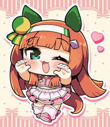  1girl :3 ;d animal_ears blunt_bangs blush chibi chibi_only commentary_request ear_covers full_body green_eyes hairband highres horse_ears horse_girl horse_tail long_hair looking_at_viewer one_eye_closed open_mouth orange_hair outline pink_shirt pink_shoes pink_skirt pink_socks plover shirt shoes silence_suzuka_(umamusume) skirt sleeveless sleeveless_shirt smile socks solo standing tail umamusume white_hairband white_outline yellow_background 