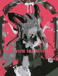  1girl arknights bang_dream! bang_dream!_it&#039;s_mygo!!!!! blunt_bangs chinese_commentary commentary_request cowboy_shot curled_horns demon_horns dress english_text fork greyscale_with_colored_background hair_ribbon hand_up highres horns long_hair looking_at_viewer official_alternate_costume parted_lips qua_zhi_jingbao_wajue_ji ribbon sidelocks solo standing togawa_sakiko togawa_sakiko_(master_of_melodia) unfinished 