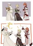  1girl 2boys blonde_hair book citrinne_(fire_emblem) fire_emblem fire_emblem_engage grey_hair highres holding holding_book lindon_(fire_emblem) multiple_boys oda32t old old_man open_mouth orange_hair pandreo_(fire_emblem) robe translation_request white_robe 