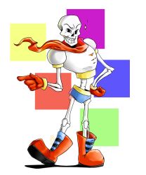  1boy 2015 2d absurdres armor blue_shorts boots dawnyshurtz digital_media full_body gloves hand_on_own_hip highres humanoid index_finger_raised large_filesize male male_focus male_only monster monster_boy multicolored_background papyrus_(undertale) red_boots red_gloves red_scarf scarf shadow shorts signature simple_background skeleton solo sparkle standing teeth transparent_background undead undertale utdr_(toby_fox) white_armor 