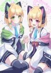  2girls :d absurdres animal_ear_headphones animal_ears between_legs black_shorts black_skirt black_thighhighs blonde_hair blue_archive blue_bow blue_necktie blush bow breasts cat_ear_headphones cat_ears closed_mouth collared_shirt commentary fake_animal_ears green_eyes green_halo hair_bow halo hand_between_legs hand_up headphones highres holding_hands interlocked_fingers jacket long_sleeves looking_at_viewer low_tied_sidelocks midori_(blue_archive) miniskirt momoi_(blue_archive) multiple_girls necktie off_shoulder open_mouth pink_eyes pink_halo pleated_skirt ramie_(ramie541) red_bow revision shirt short_hair short_necktie short_shorts shorts siblings simple_background sisters sitting skirt small_breasts smile suspender_skirt suspenders teeth thigh-highs twins upper_teeth_only wariza white_background white_jacket white_shirt 