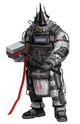  1girl absurdres arknights armor black_horns cable cross facing_viewer full_body gloves grey_gloves hammer highres holding holding_hammer holding_weapon horns jumpsuit long_sleeves mudrock_(arknights) mudrock_(elite_ii)_(arknights) mutomorokoshi puffy_long_sleeves puffy_sleeves red_ribbon ribbon simple_background sledgehammer solo standing weapon white_background 