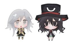  2others ankle_socks ascot bare_shoulders black_coat black_eyes black_hair black_hat black_kimono black_sandals black_shorts black_socks boots brown_ascot brown_boots brown_coat chibi closed_mouth coat coattails collared_coat collared_shirt compass_(xinjinjumin6687443) detached_sleeves enraku_tsubakura eye_of_senri film_grain green_hakama grey_eyes grey_hair hair_between_eyes hakama hakama_short_skirt hakama_skirt happy hat heavy_film_grain houlen_yabusame japanese_clothes jinbei_(clothes) kimono lapels layered_sleeves len&#039;en light_blush long_hair long_sleeves looking_at_another looking_at_viewer medium_hair messy_hair multiple_others neck_ribbon notched_lapels open_mouth puffy_short_sleeves puffy_sleeves red_ribbon ribbon ribbon-trimmed_coat ribbon_trim sandals shirt short_kimono short_over_long_sleeves short_sleeves shorts sidelocks simple_background skirt sleeveless sleeveless_coat sleeveless_shirt sleeves_past_fingers sleeves_past_wrists smile socks standing top_hat two-sided_fabric two-sided_headwear white_background white_shirt white_sleeves white_socks 