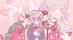  2girls ;d amaori_renako arrow_through_heart ashigaya_high_school_uniform blonde_hair blush bow bowtie brown_hair closed_mouth collared_shirt finger_gun finger_to_face hair_ornament hairclip heart jacket jia_y10 long_hair long_sleeves multiple_girls one_eye_closed parallel_hairclips pink_hair red_bow red_bowtie school_uniform sena_ajisai shirt short_hair smile violet_eyes watashi_ga_koibito_ni_nareru_wake_naijan_murimuri! white_shirt x_hair_ornament yuri 