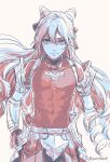  1boy absurdres armor black_gloves closed_mouth cone_hair_bun drill_hair fire_emblem fire_emblem_engage gloves hair_between_eyes hair_bun highres limited_palette long_hair looking_at_viewer otoko_no_ko rosado_(fire_emblem) shirt shoulder_armor simple_background sketch solo umi_(_oneinchswing) 