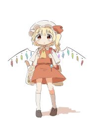  backpack bag black_shoes blonde_hair crime_prevention_buzzer crystal_wings flandre_scarlet flower hat highres kyuukei_usagi mob_cap red_eyes red_skirt shoes simple_background skirt socks touhou white_background white_socks wings 