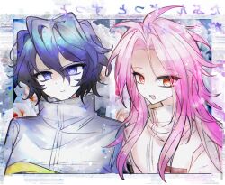  2boys backwards_text blue_eyes blue_hair capelet chromatic_aberration closed_mouth curtained_hair eyes_visible_through_hair gold_trim hair_between_eyes hatsutori_hajime high_collar highres jacket jiekuijiangshadaonijiamenkou long_hair male_focus multiple_boys open_mouth parted_lips pink_hair red_eyes saibou_shinkyoku sidelocks smile translation_request tsurime utsugi_noriyuki white_capelet white_jacket 