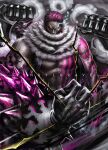  1boy abs arm_tattoo armlet artist_name black_gloves charlotte_katakuri chest_tattoo clenched_hands commentary covered_mouth english_commentary gloves male_focus muscular muscular_male one_piece purple_hair scar scar_on_face scar_on_mouth scarf short_hair solo spiked_armlet spikes tattoo vinrylgrave 