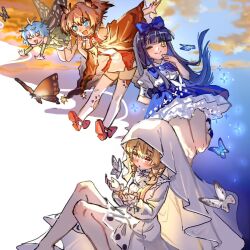  4girls :o alternate_costume bare_shoulders black_hair blonde_hair blue_bow blue_bowtie blue_eyes blue_hair blue_shoes blue_skirt blush bow bowtie bug butterfly butterfly_wings closed_eyes closed_mouth clouds detached_sleeves dress drill_hair eternity_larva fairy frills green_dress hand_on_own_chin highres insect_wings legs long_hair long_sleeves luna_child medium_hair multiple_girls one_eye_closed open_mouth orange_dress orange_hair orange_shoes quad_drills red_eyes shirt shoes short_hair short_sleeves shouxishao_jiuyuan skirt sleeveless sleeveless_dress smile star_sapphire sunny_milk thigh-highs thighs touhou twilight two-tone_dress two_side_up white_dress white_shirt white_thighhighs wings yellow_eyes 