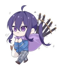  1boy :3 ahoge blazer blue_jacket blunt_ends brown_shoes chibi chibi_only closed_mouth ensemble_stars! fish_(food) full_body grey_pants hair_between_eyes hair_intakes hands_up jacket kanzaki_souma katana light_blush loafers long_hair long_sleeves motion_lines motoyui nancy980216 pants plaid_clothes plaid_pants ponytail puff_of_air purple_bag purple_hair school_uniform sheath sheathed shoes sidelocks simple_background solo sword too_many_weapons v-shaped_eyebrows violet_eyes walking weapon white_background white_bag yumenosaki_school_uniform 