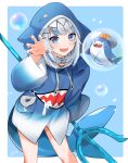  1girl absurdres animal_hood bloop_(gawr_gura) blue_eyes blue_hair blue_nails bubble fins fish_tail gawr_gura gawr_gura_(1st_costume) hand_on_own_hip highres holding_trident hololive hololive_english hood looking_at_viewer medium_hair shark_girl shark_hood shark_tail sharp_teeth sidelocks sowa_(tropic_thunder) tail teeth upper_teeth_only white_hair 