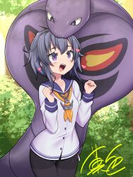  1girl arbok black_eyes black_pantyhose bush clenched_hands commission crossover day dress forest heart highres kantai_collection kashiki_main long_sleeves nature neckerchief open_mouth orange_neckerchief outdoors pantyhose pokemon pokemon_(creature) sailor_dress short_dress short_hair_with_long_locks signature skeb_commission tokitsukaze_(kancolle) violet_eyes white_dress 