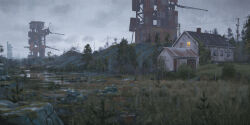  architecture building crane_(machine) cross dilapidated grass highres latin_cross moss no_humans outdoors power_lines rain reflection reflective_water rock scaffolding science_fiction simon_stalenhag sky things_from_the_flood tower utility_pole water window 