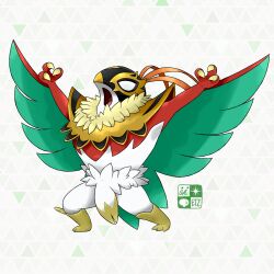  1other arms_up artist_logo beak bird black_fur blank_eyes claws digitigrade full_body furry hawlucha highres ivi_etz logo luchador luchador_mask mega_hawlucha mega_pokemon open_mouth patterned_background plume pokemon pokemon_(creature) pokemon_focus pokemon_legends:_z-a solo sugimori_ken_(style) wings yellow_fur 