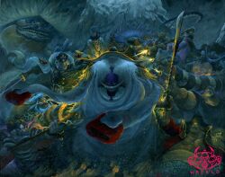  1girl 6+boys animal_print armband artist_name asymmetrical_eyewear avalo_pizarro bandana battle beads beard belt black_bandana black_cape black_coat black_hair black_shirt black_shorts blonde_hair blue_facial_hair breasts bullet cape catarina_devon cigar closed_mouth coat coat_on_shoulders doc_q earrings edward_newgate epaulettes evil_grin evil_smile eye_mask facial_hair fat fat_man firing floating floating_clothes fur_coat gauntlets giant giant_male glasses gloves green_shorts grey_hair grin gun handgun hat holding holding_gun holding_scythe holding_sword holding_weapon horns horse jesus_burgess jewelry jolly_roger lafitte_(one_piece) leopard_print lips long_beard long_coat long_hair long_mustache long_nose long_sleeves makeup marshall_d._teach mask missing_tooth multiple_boys muscular muscular_male mustache obese one_piece open_clothes open_mouth overalls pirate pirate_hat polearm prison_clothes projectile_trail purple_hair purple_skirt red_coat rifle ring round_teeth sanjuan_wolf scythe shirt shiryuu_(one_piece) short_hair shorts signature skirt small_head smile stronger_(one_piece) sword teeth van_augur wafalo weapon white_coat whitebeard_pirates_jolly_roger wrestling_mask 