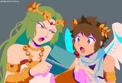 1boy 1girl 3ds angel angel_wings blue_eyes brown_hair chain circlet derivative_work gold_chain green_eyes green_hair grey_background handheld_game_console highres holding holding_handheld_game_console kid_icarus kid_icarus_uprising kid_icarus_uprising_tutorial_redraw_(meme) laurel_crown mango-peach-strawberry meme nintendo_3ds open_mouth palutena pit_(kid_icarus) scarf tumblr_username upper_body white_scarf wings