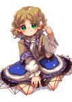  1girl arm_warmers black_skirt blonde_hair blush brown_shirt closed_mouth green_eyes highres looking_at_viewer matsukuzu mizuhashi_parsee pointy_ears shirt short_hair simple_background sitting skirt solo touhou wariza white_background 