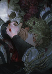  2boys absurdres blonde_hair blood blood_on_clothes bustersiri corpse dio_brando falling_petals flower highres hug jojo_no_kimyou_na_bouken jonathan_joestar male_focus multiple_boys petals phantom_blood red_eyes red_flower red_rose rose shirt short_hair skeleton skull white_shirt 