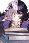  021_shiro 1girl black_hair black_nails glasses highres hololive hololive_english interlocked_fingers jewelry multicolored_hair pile_of_books ring shiori_novella smile split-color_hair twitter_username virtual_youtuber white_hair yellow_eyes yorick_(shiori_novella) 