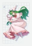  1girl ascot bow clock green_eyes green_hair grid guumin hair_over_one_eye hat head_down highres kazami_yuuka kazami_yuuka_(pc-98) long_hair long_sleeves lotus_land_story nightcap nightgown pajamas pink_pajamas red_bow solo star_(symbol) star_print touhou touhou_(pc-98) warped 