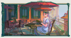  1girl animal black_cat black_gloves black_hair blue_dress border brown_hat building cat chair closed_mouth commentary day dress english_commentary fence fork formal_clothes gloves hat highres holding holding_menu iron_fence looking_at_viewer looking_to_the_side menu on_chair original ornate_border outdoors parasol patio plate puffy_short_sleeves puffy_sleeves restaurant salt_shaker scenery short_sleeves slice_of_life smile solo spoon table tamomoko taro-k umbrella white_border window window_shutter 