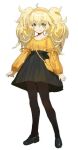  1girl aged_down ahoge alternate_costume bag black_footwear blonde_hair blush_stickers closed_mouth commentary_request fang fang_out full_body girls_frontline green_eyes hair_between_eyes hairband korean_commentary long_hair long_sleeves looking_at_viewer mary_janes messy_hair nin_(lion) pantyhose s.a.t.8_(girls&#039;_frontline) shirt shoes shoulder_bag simple_background skirt smile solo standing third-party_source twintails white_background yellow_bag yellow_shirt 