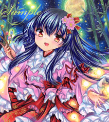  1girl bamboo black_hair branch full_moon hand_up holding houraisan_kaguya jeweled_branch_of_hourai long_hair long_sleeves looking_at_viewer marker_(medium) moon open_mouth pink_shirt red_eyes red_skirt rui_(sugar3) sample_watermark shirt skirt smile solo touhou traditional_media upper_body watermark 