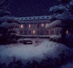  bare_tree bench building bungou_to_alchemist bush night no_humans official_art outdoors scenery sky snow snowman star_(sky) starry_sky tree winter 