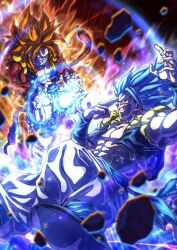  2boys absurdres big_bang_kamehameha blue_eyes blue_sash body_fur dougi dragon_ball dragon_ball_gt dragon_ball_super dragon_ball_super_broly gogeta highres kamehameha_(dragon_ball) long_hair male_focus metamoran_vest monkey_boy monkey_tail multiple_boys muma_maximum76 muscular muscular_male open_mouth pants pectorals red_fur saiyan sash simple_background smile spiky_hair super_saiyan super_saiyan_4 super_saiyan_blue tail 