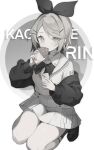  1girl bow bowtie character_name eating food hair_bow highres holding holding_food holding_phone jacket kagamine_rin kneeling monochrome multiple_hairpins off_shoulder open_clothes open_jacket phone rcs_4 school_uniform short_hair skirt solo swept_bangs thighs vocaloid white_background 