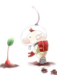  1boy alien backpack bag belt belt_buckle big_nose black-apple_1218 brown_hair buckle buried closed_eyes colored_skin commentary_request footprints from_behind gloves helmet leaf looking_at_another male_focus olimar patch pikmin_(creature) pikmin_(series) pink_nose pointy_ears radio_antenna red_bag red_belt red_gloves red_pikmin red_skin short_hair space_helmet spacesuit very_short_hair whistle white_background 