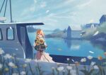  1girl blonde_hair blue_eyes blue_sky building clouds commission day dress flower hair_ribbon harucoro25 holding holding_flower house lake looking_at_viewer outdoors pixiv_commission red_ribbon reflection reflective_water ribbon sky solo sunflower violet_evergarden violet_evergarden_(series) water white_dress 