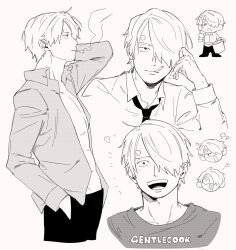  1boy absurdres arm_behind_head chibi collared_shirt curly_eyebrows greyscale hair_over_one_eye hand_in_pocket happy heart heart-shaped_eyes highres iqracha male_focus monochrome necktie one_piece open_clothes open_shirt sanji_(one_piece) shirt short_hair smoking 