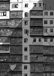  2girls absurdly_detailed_composition absurdres building clothesline commentary_request complex_exterior greyscale highres ibsukionsen monochrome multiple_girls original outdoors power_lines scenery shadow utility_pole very_wide_shot 