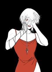  1boy 63roku63 chain crossdressing crossdressing_(mtf) earrings hand_chains highres hunter_x_hunter jewelry kurapika lips looking_at_viewer male_focus monochrome multiple_rings parted_lips red_eyes ring simple_background solo trap upper_body 