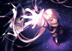  1girl black_shoes chaos;child d-sword dutch_angle from_above hair_over_one_eye hand_up hekiho_academy_school_uniform long_hair minamisawa_senri miniskirt narrowed_eyes outstretched_arm pink_eyes pink_hair school_uniform science_adventure serious shoes skirt socks solo sword taba_neruko twintails very_long_hair weapon white_socks 