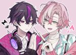  2boys black_hair black_nails blue_shirt collared_shirt earrings fragaria_memories green_eyes headphones headphones_around_neck jewelry kurode_(fragaria_memories) male_focus memento_morishiki merold_(fragaria_memories) mole mole_under_eye multiple_boys multiple_earrings open_mouth pink_background pink_hair purple_hair shirt smile turtleneck violet_eyes white_shirt 