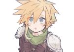  1boy :o armor black_gloves black_shirt blonde_hair blue_eyes clenched_hand clenched_hands cloud_strife crisis_core_final_fantasy_vii final_fantasy final_fantasy_vii gloves green_scarf highres looking_up male_focus military military_uniform open_mouth pauldrons same_no_nituke3 scarf shinra_infantry_uniform shirt short_hair shoulder_armor simple_background solo spiky_hair suspenders uniform white_background 