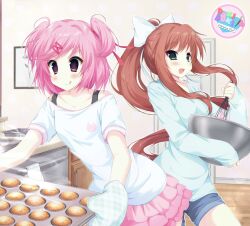  2000s_(style) 2girls doki_doki_literature_club hair_ornament hair_ribbon hairclip highres jelly_(bonnybel) looking_at_viewer monika_(doki_doki_literature_club) multiple_girls natsuki_(doki_doki_literature_club) open_mouth pink_eyes pink_hair ponytail red_ribbon ribbon shirt short_hair skirt swept_bangs two_side_up x_hair_ornament 