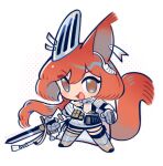  1girl :d animal_ears arknights armor chibi ear_covers ear_tag earpiece flametail_(arknights) highres holding holding_sword holding_weapon long_hair open_mouth redhead sharktuna shirt simple_background smile solo squirrel_ears squirrel_girl squirrel_tail sword tail thigh-highs weapon white_background white_shirt yellow_eyes 