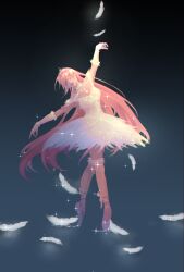  1girl arm_up ballerina ballet ballet_slippers bare_shoulders bead_bracelet beads black_background blue_background bracelet bridal_gauntlets choker closed_eyes commentary contest_winner dancing dress english_commentary falling_feathers feather-trimmed_dress feather_sleeves feather_trim feathers full_body fur_armlet fur_thigh_strap glittering_date_(shining_nikki) gradient_background helena_(artist) highres jewelry leaning_to_the_side leg_ribbon long_hair nikki_(nikki) nikki_(series) off-shoulder_dress off_shoulder open_mouth outstretched_arms pink_hair reflective_floor ribbon shining_nikki shoes short_dress short_sleeves sidelocks single_bridal_gauntlet smile solo sparkle straight_hair teeth thigh_strap tiara tiptoes tutu upper_teeth_only very_long_hair white_bridal_gauntlets white_choker white_dress white_ribbon white_shoes 
