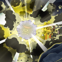  =_= artist_request backpack bag baseball_cap brown_hair check_artist closed_eyes fangs flash_(pokemon) gas glowing hand_up hat jacket koffing natsunagi_takaki official_art open_mouth pokemon pokemon_(creature) pokemon_frlg pokemon_move red_(pokemon) red_hat red_jacket second-party_source short_hair skull_and_crossbones smile sweatdrop v-shaped_eyebrows vs_seeker 