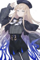  1boy aiguillette beret black_capelet black_hat black_shorts blonde_hair blue_hair blush bow bowtie capelet fate/grand_order fate_(series) gradient_hair green_eyes grey_pantyhose grey_shirt hat hat_feather high-waist_shorts highres long_hair long_sleeves looking_at_viewer multicolored_hair nemo_(fate/grand_order_arcade) noah_(second_ascension)_(fate/grand_order) open_mouth pantyhose shirt shorts solo suwa_(swk_kkk) thighs two-tone_hair very_long_hair 