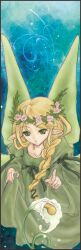  1girl aries_end blonde_hair blue_background braid calla_lily closed_mouth commentary_request dress expressionless flower full_body green_dress green_eyes green_wings hair_flower hair_ornament juliet_sleeves long_hair long_sleeves looking_at_viewer mavka pink_flower pointy_ears puffy_sleeves ragnarok_online side_braid single_braid sitting solo white_flower wide_sleeves wings 