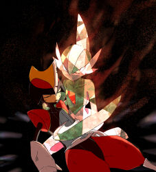  2others after_battle arm_blade bags_under_eyes battle_scarred bisharp black_background border closed_eyes colored_skin crack_of_light defeat dirty dirty_clothes dirty_face facing_another gallade green_hair green_helmet grey_helmet grey_trim hand_on_another&#039;s_back hand_on_another&#039;s_chest hand_on_another&#039;s_neck helmet highres injury kneeling leaning_on_person light_particles looking_at_viewer mohawk multicolored_skin multiple_others no_mouth on_ground ornate_border outdoors pokemon pokemon_(creature) red_eyes red_helmet red_trim shoulder_pads two-tone_helmet two-tone_skin weapon yuugure---0930 